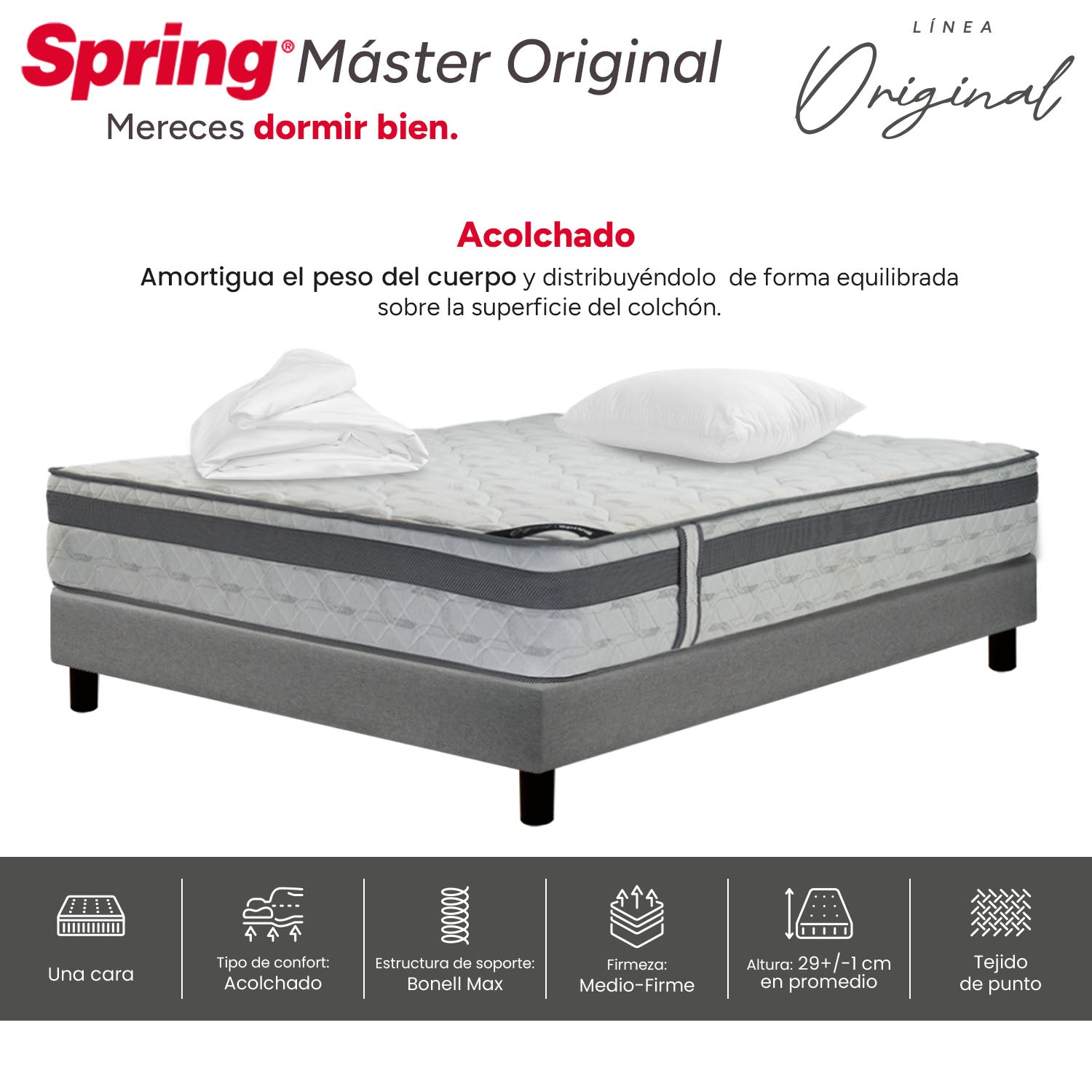 Combo Colchon Spring Master Original-100X190+Sommier  Italy Gris +Set X 2 Almohadas Siliconadas + Protector