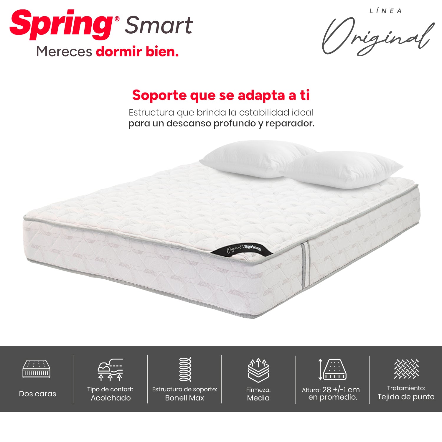 Colchón Spring Smart 140X190 Gratis Set Almohadas Siliconadas