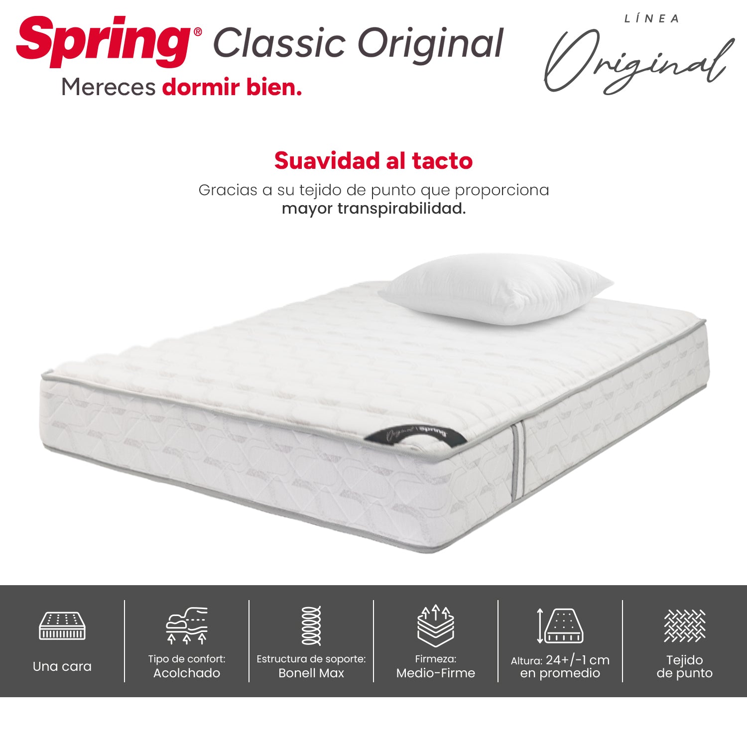 Combo Colchón Spring Classic Original Semisencillo 90X190 Cm + Set Almohada Siliconada