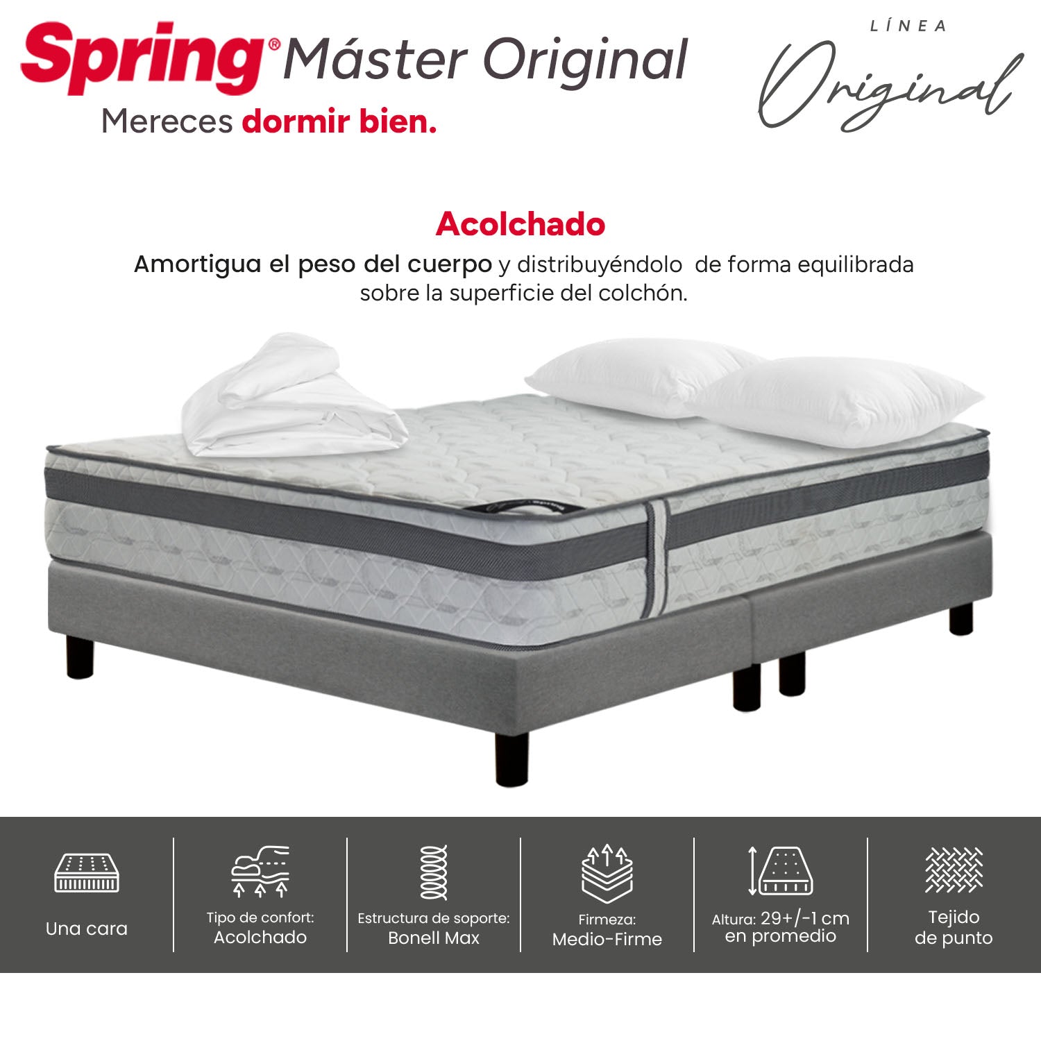 Combo Colchon Spring Master Original-140X190+Sommier  Italy Gris +Set X 2 Almohadas Siliconadas + Protector