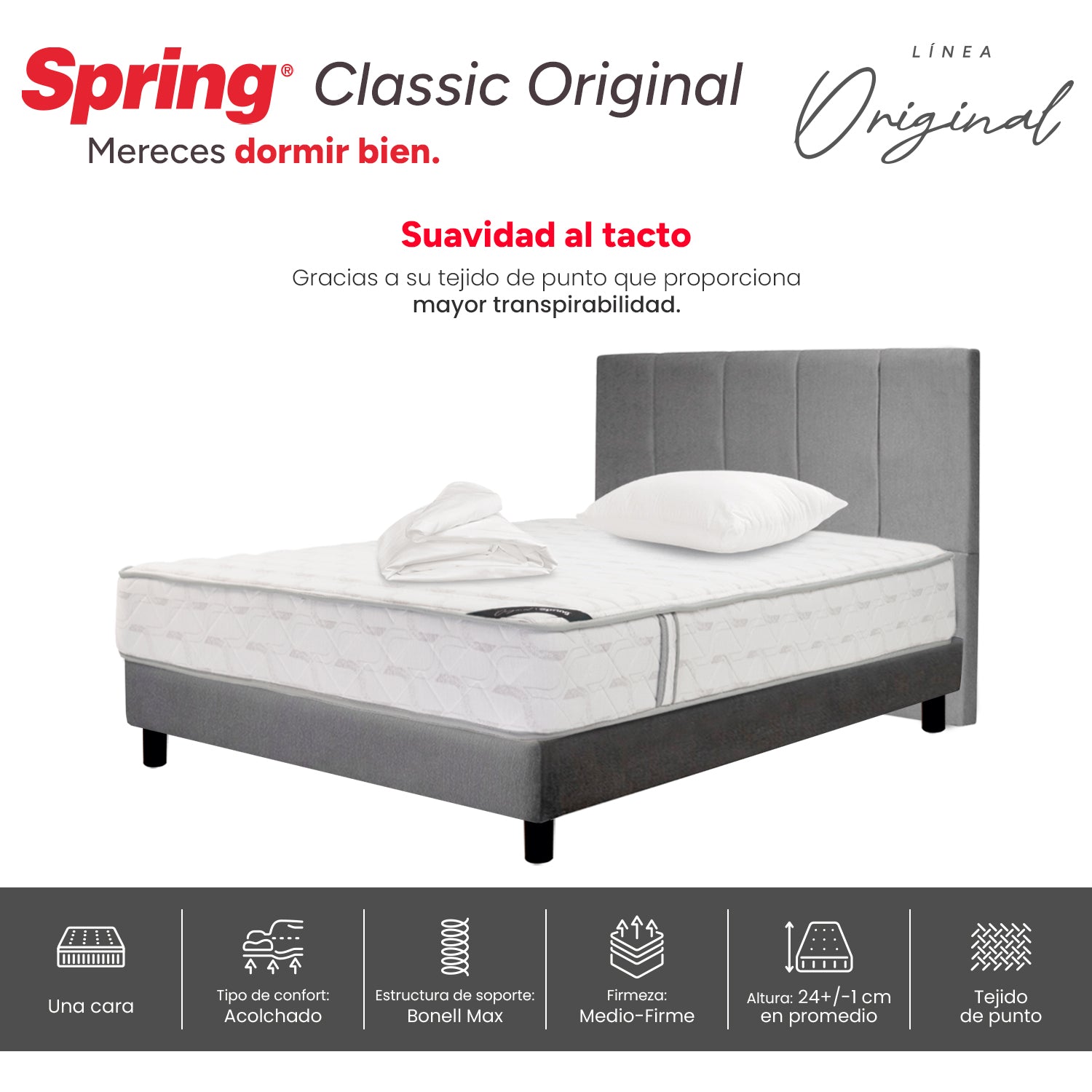 Combo Colchón Spring Classic Original Sencillo 100X190 Cm + Base Cama Gris + Cabecero Gris + Almohada Siliconada + Protector Impermeable