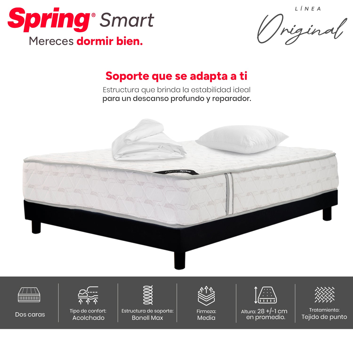 Combo Colchón Spring Smart Semidoble 120X190 Cm + Base Cama Negra + Almohada + Protector