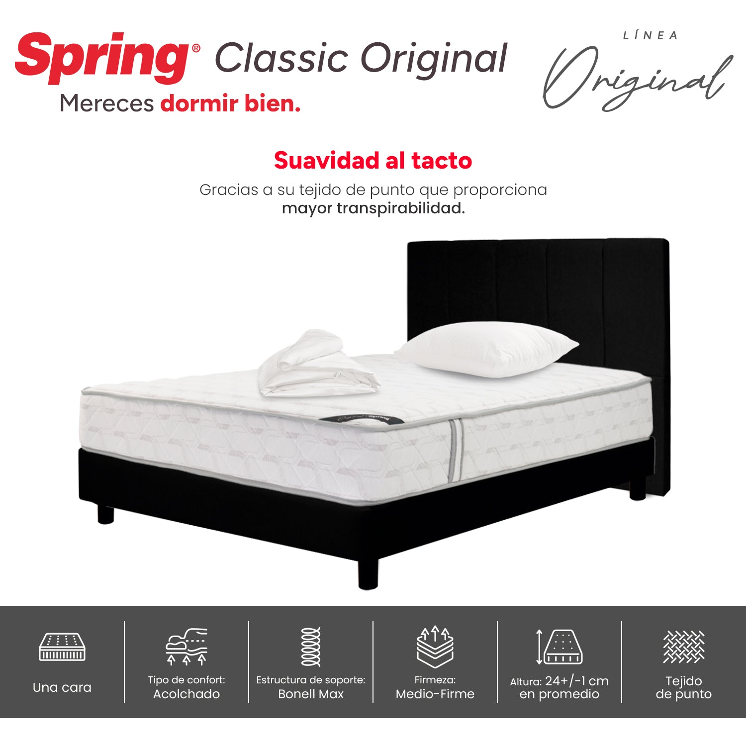 Combo Colchón Spring Classic Original Semidoble 120X190 Cm + Base Cama Negra + Cabecero Negro + Almohada Siliconada + Protector Impermeable
