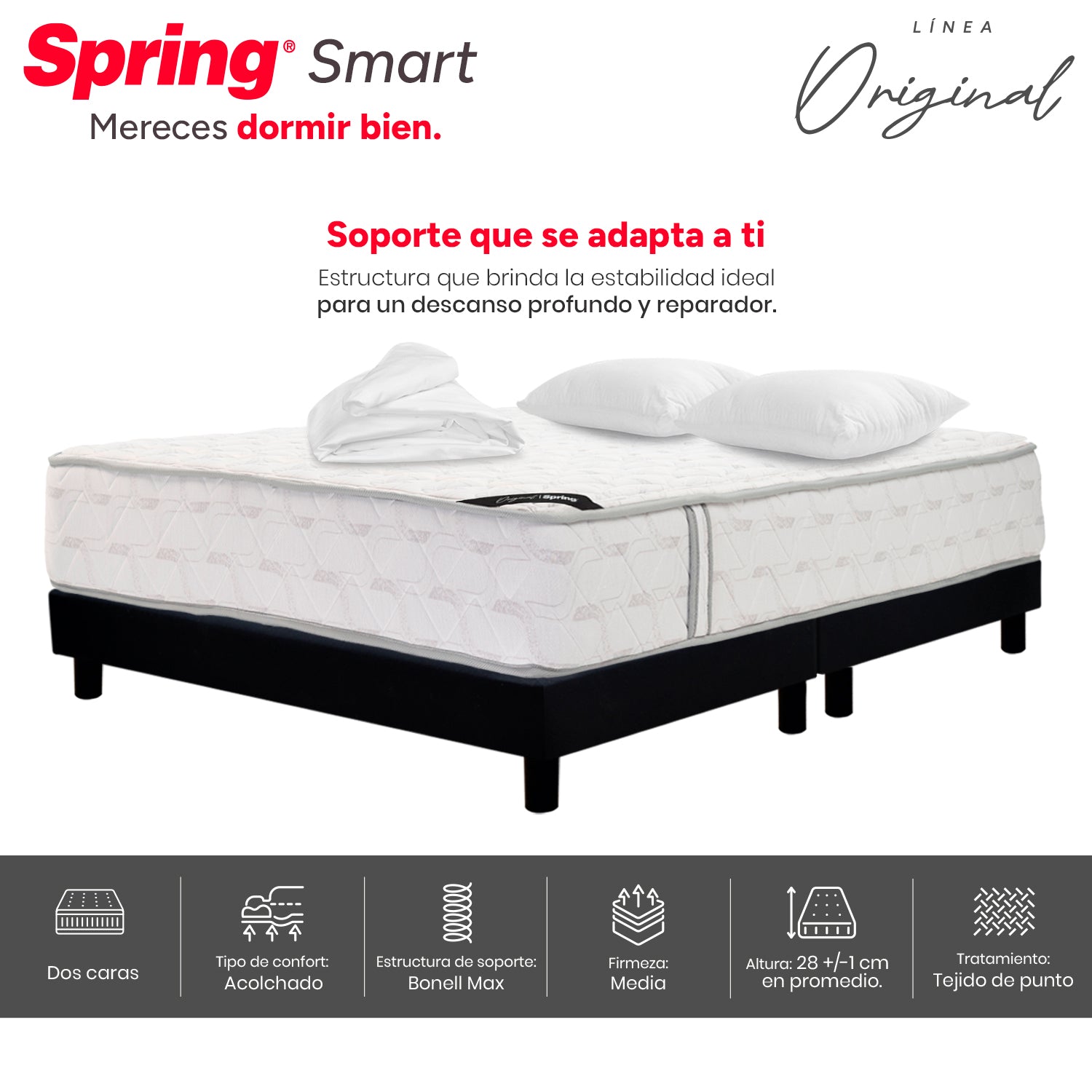 Combo Colchón Spring Smart Queen 160X190 Cm + Base Cama Negra Dividida + Almohadas + Protector