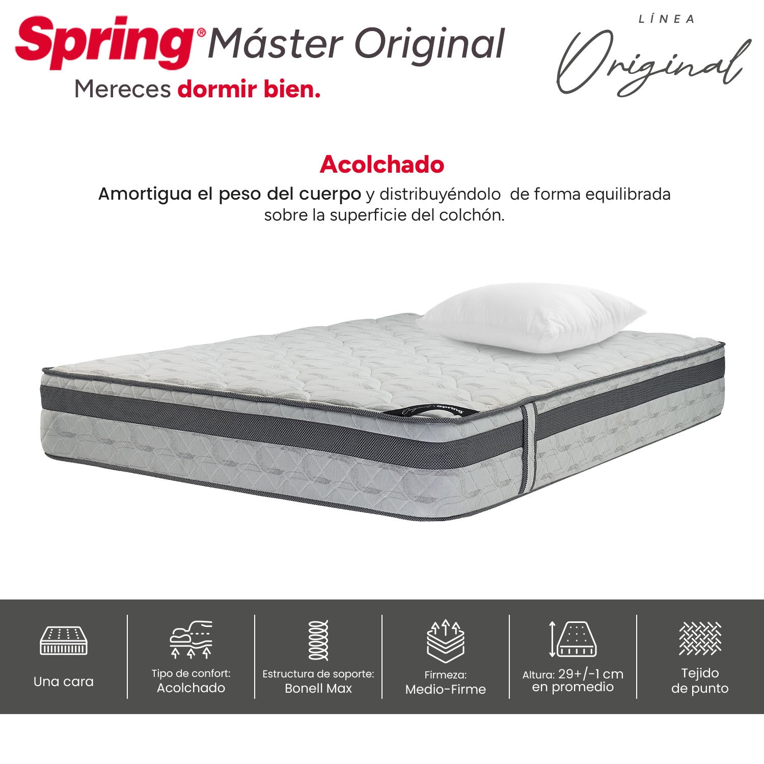 Combo Colchón Spring  Master Original Sencillo 100X190 Cm +  Set Almohada Siliconada