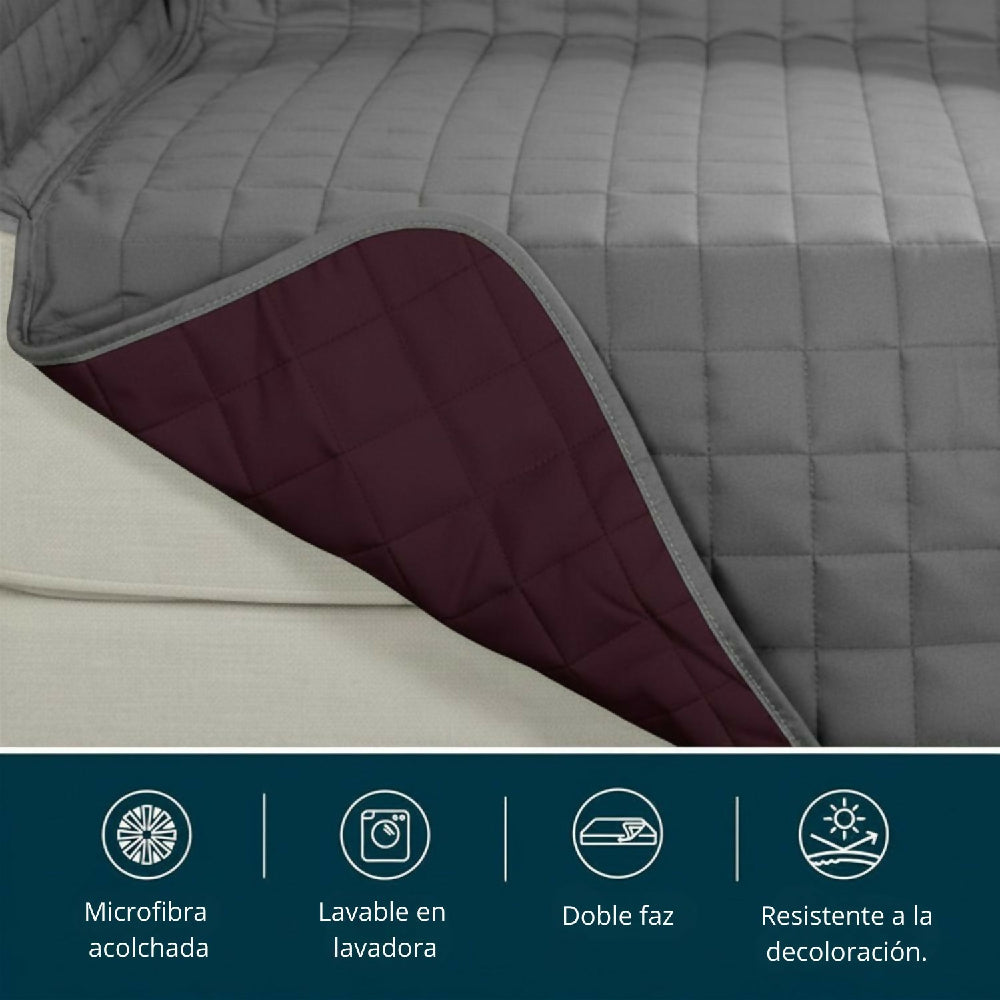 Protector de Sofá 1 Puesto Acolchado Doble Faz Unicolor Vino Tinto y Gris