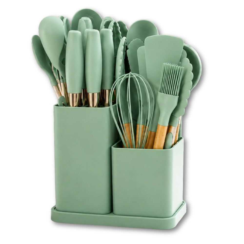 Set De Utensilios Y Cuchillos De 19 Piezas Silicona Antiadherente Y Acero Inoxidable Verde