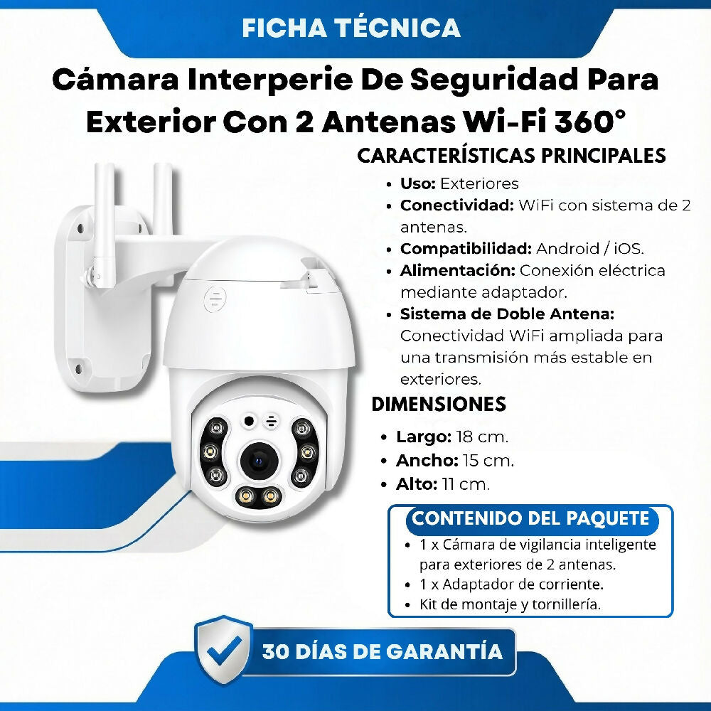Cámara Interperie De Seguridad Para Exterior Con 2 Antenas Wi-Fi 360°