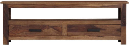 Mueble de TV de madera maciza Sheesham rústico, resistente, 2 cajones,