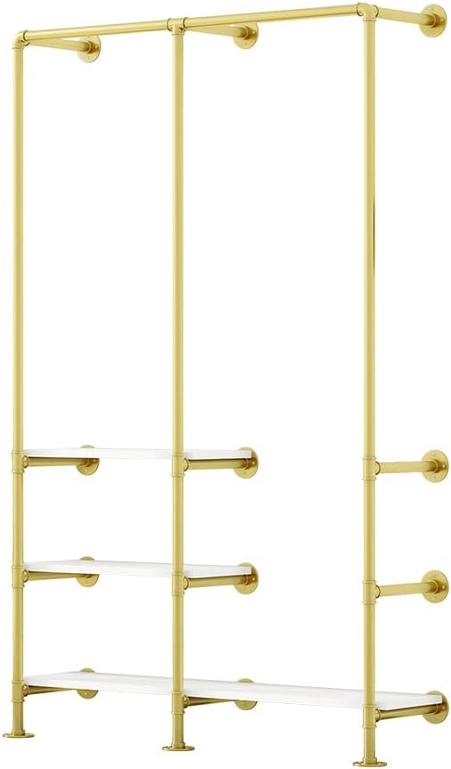 Perchero dorado con estantes de 3 niveles, perchero industrial multiusos de...