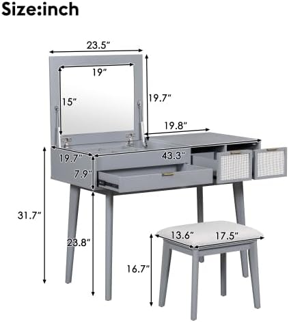 Escritorio de tocador de 43.3 pulgadas con espejo abatible y taburete, moderno