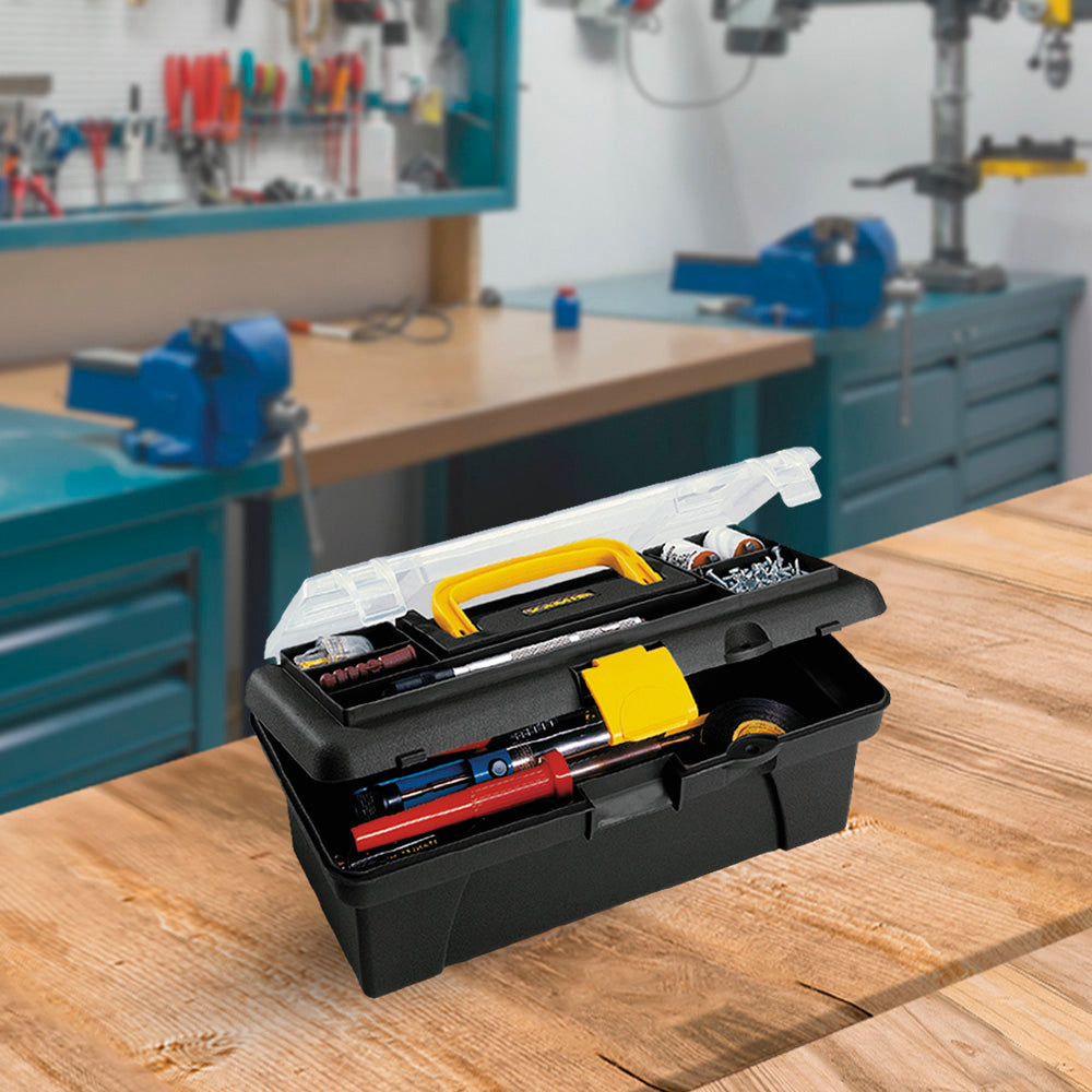 Caja Herramientas 12" con Tapa Organizadora Cerradura Plástica Negro