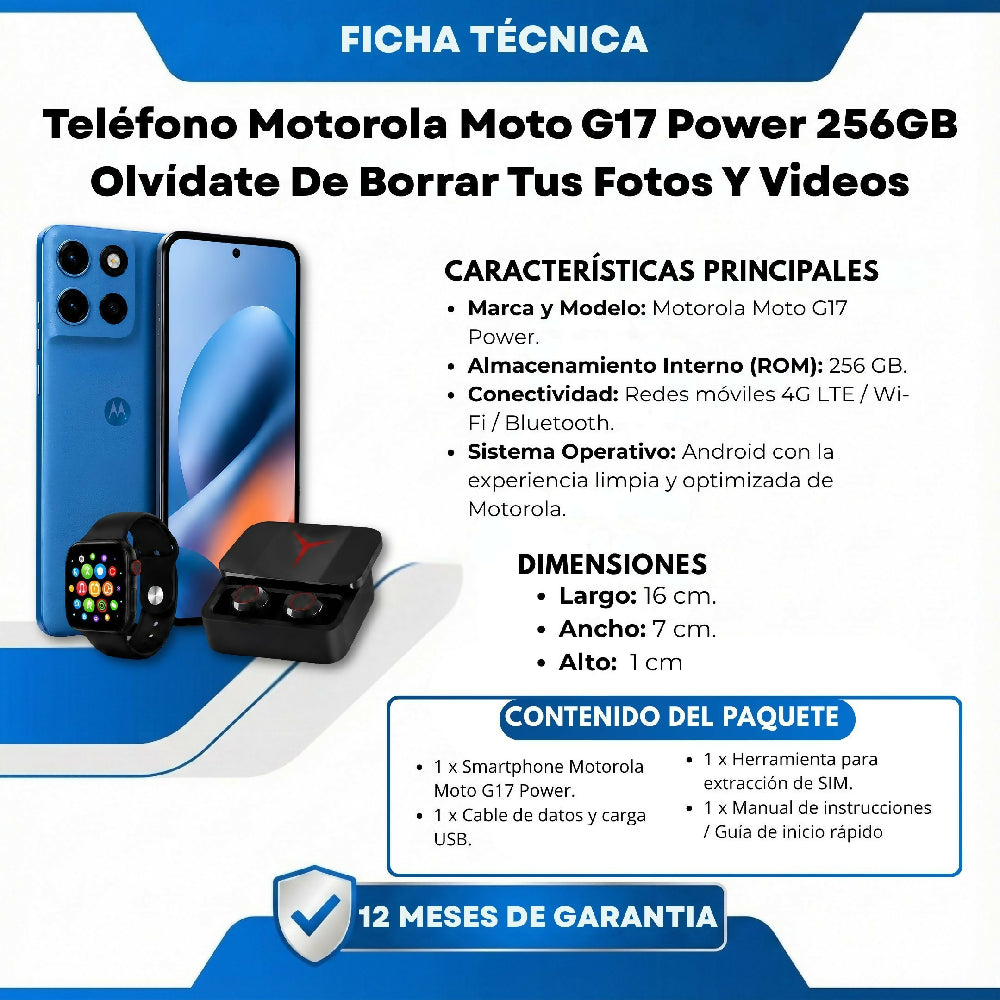Teléfono Motorola Moto G17 Power 256GB Azul + Kit Regalo Reloj Inteligente Y Audífonos