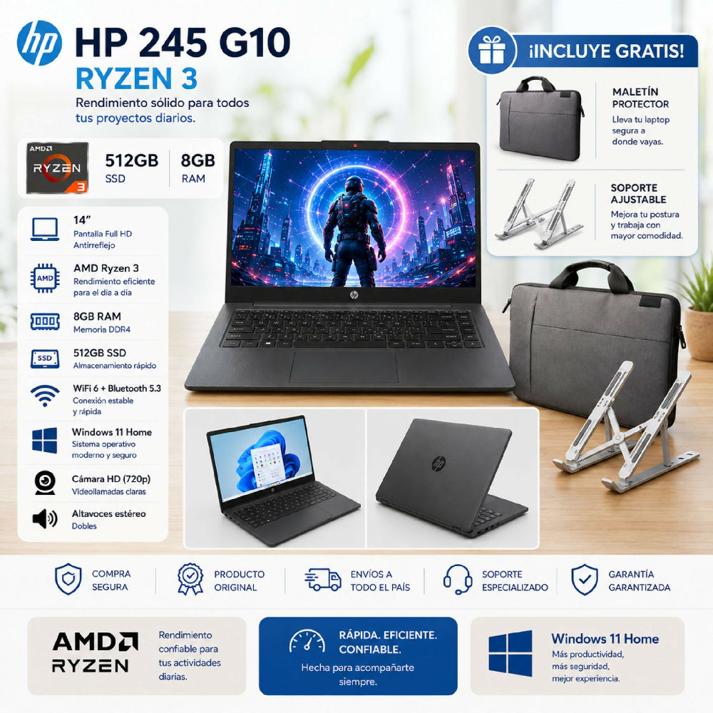 Portátil HP 245 G10 Ryzen 3 Combo Con Maletín Y Soporte Gratis
