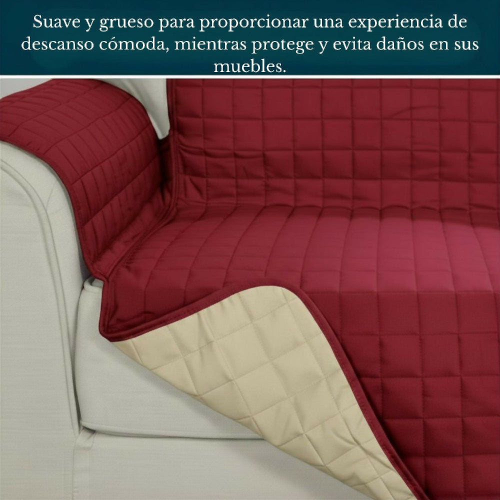 Protector de Sofá 2 Puestos Acolchado Doble Faz Unicolor Vino Tinto y Camel