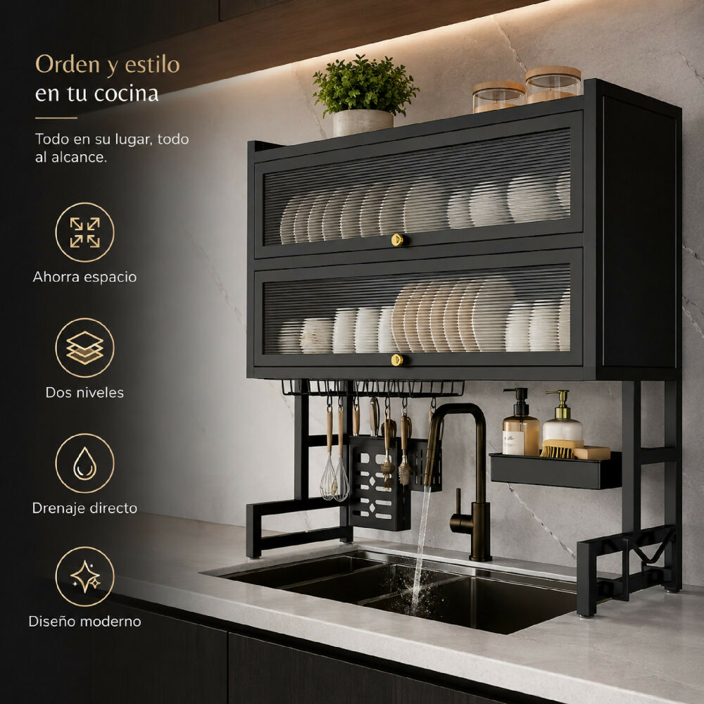 Escurridor De Platos De 2 Niveles Con Tapa Gabinete Organizador De Loza Para Cocina Y Drenaje Directo