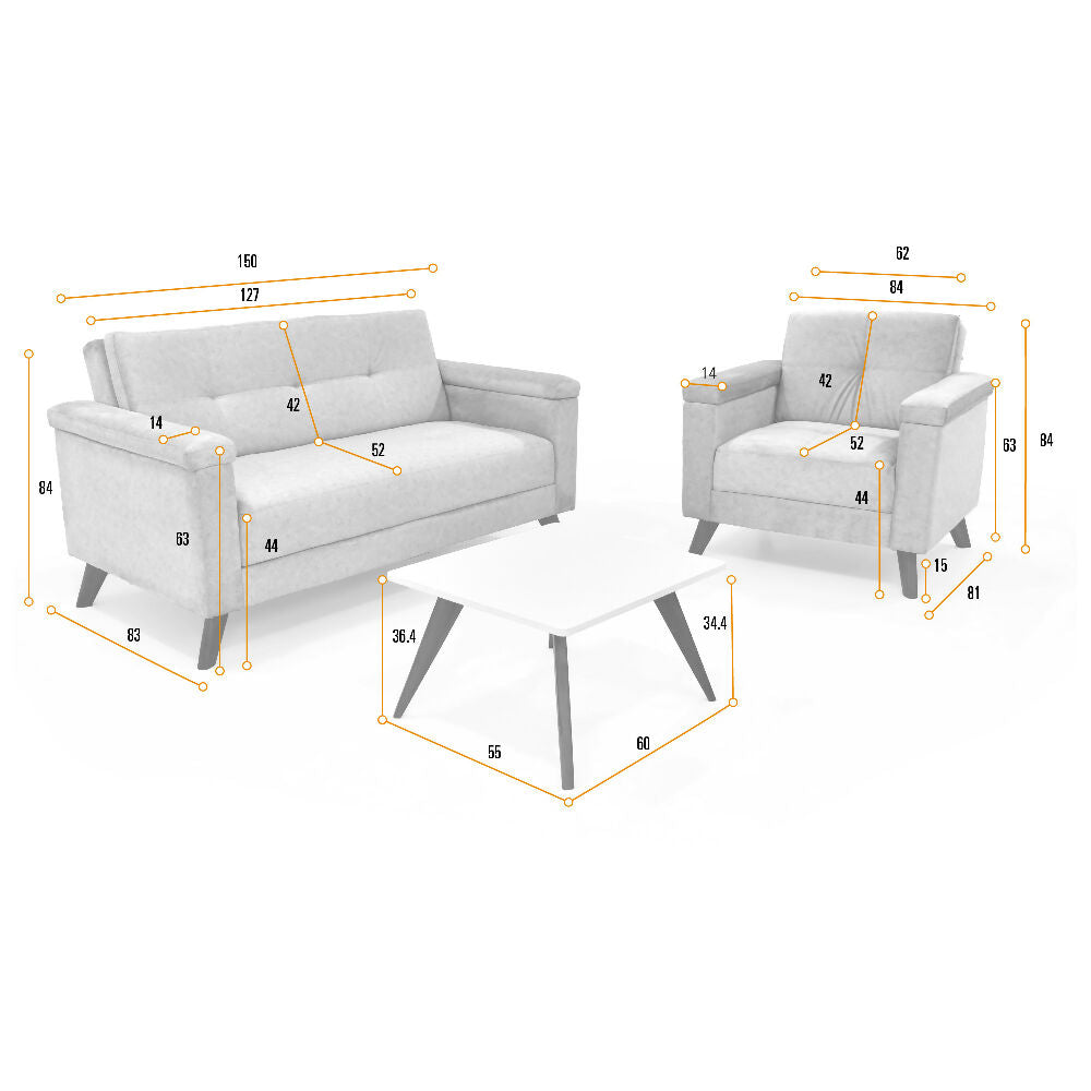 Set de Sala con Sofa y Poltrona Carter Tela Gris y Mesa Centro Nova Blanco