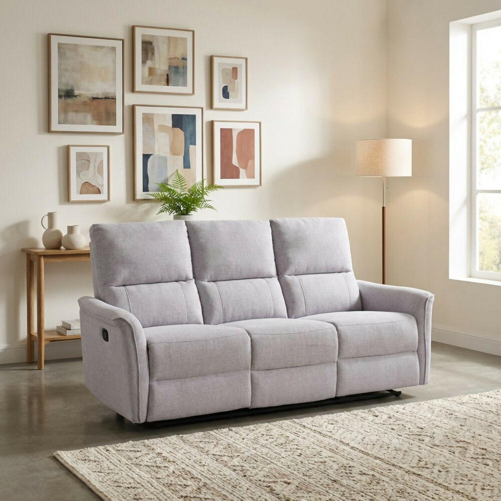 Sofa 3 Puestos Reclinable Tela Gris Claro Tacito