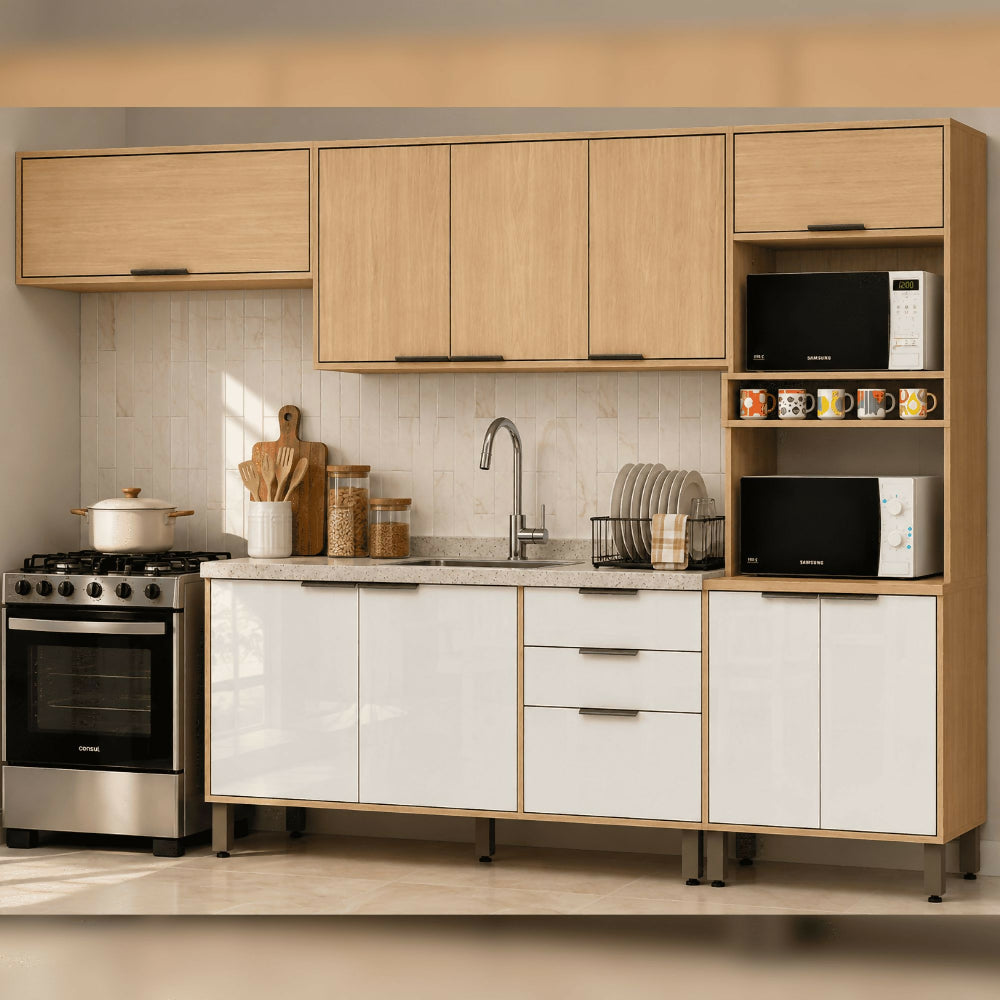 Cocina 270 cm Elba 11 Puertas 2 Cajones - Almendra/Blanco Apagado
