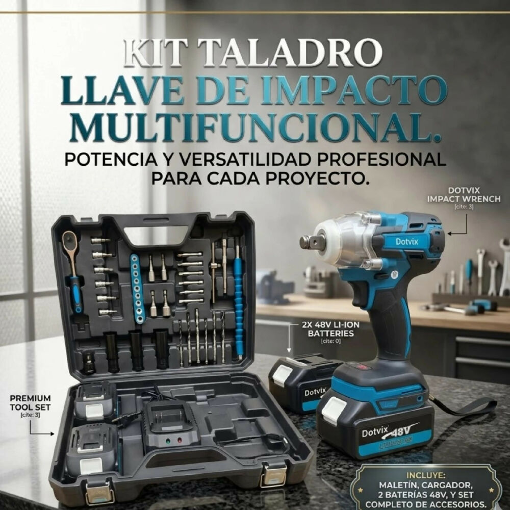 Kit Taladro Inalámbrico Y Llave De Impacto Multifuncional 2 Baterías