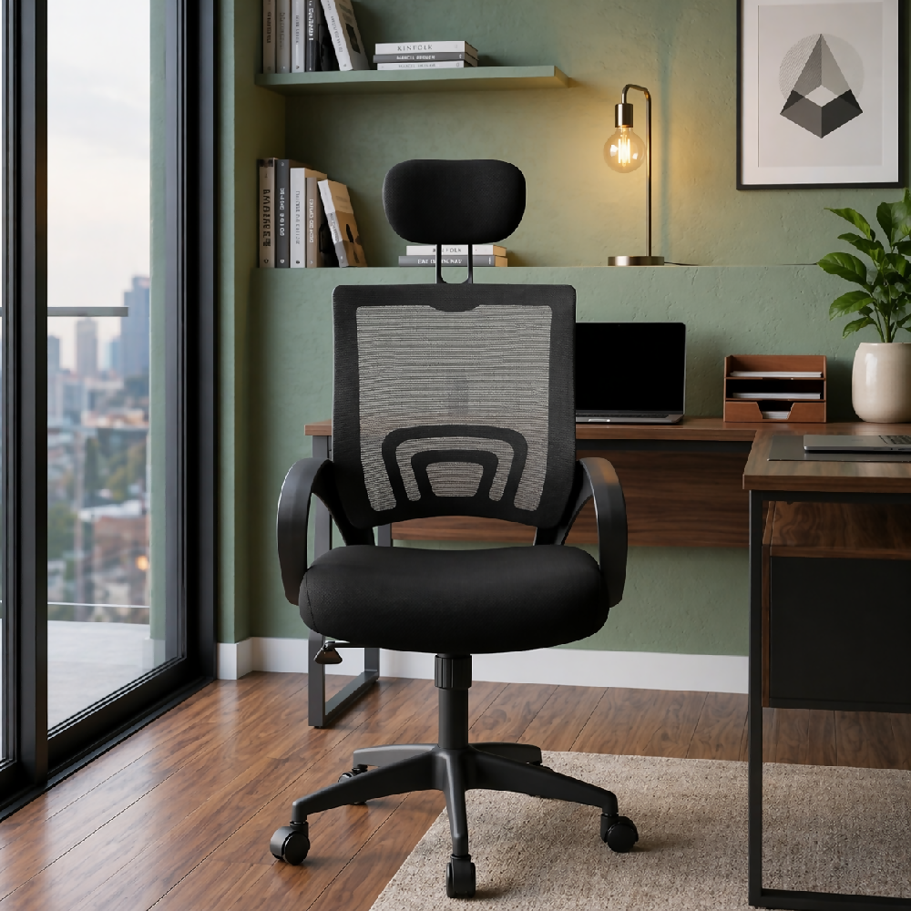 Silla Ergonomica Oficina Malla Con Cabecero Negra