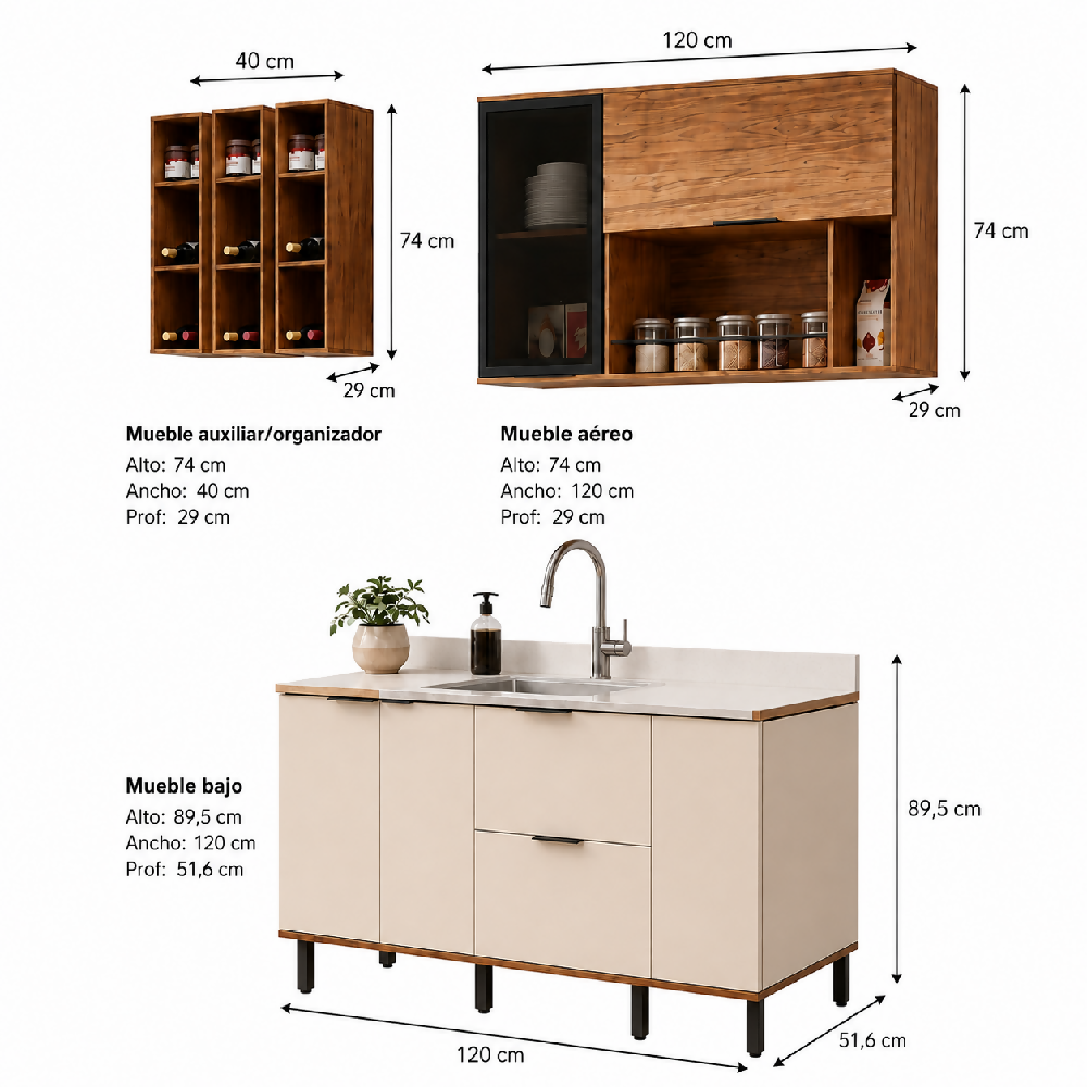 Cocina 180 cm Ibiza 3 Puertas 2 Cajones - Natural/Blanco Apagado