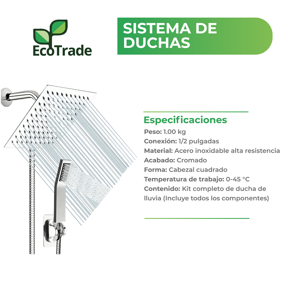 Kit Ducha Lluvia Cuadrado en Acero Inoxidable