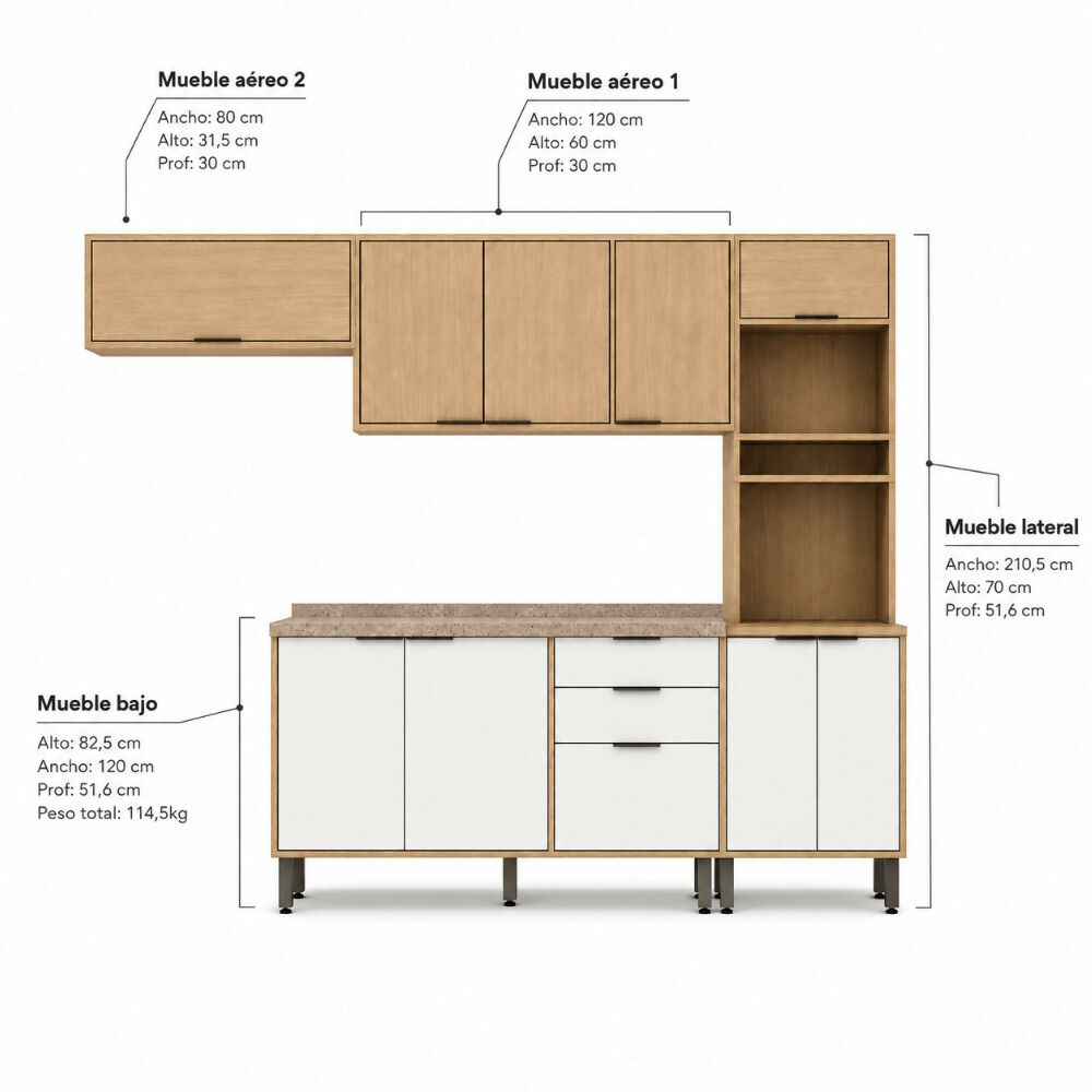 Cocina 270 cm Elba 11 Puertas 2 Cajones - Almendra/Blanco Apagado