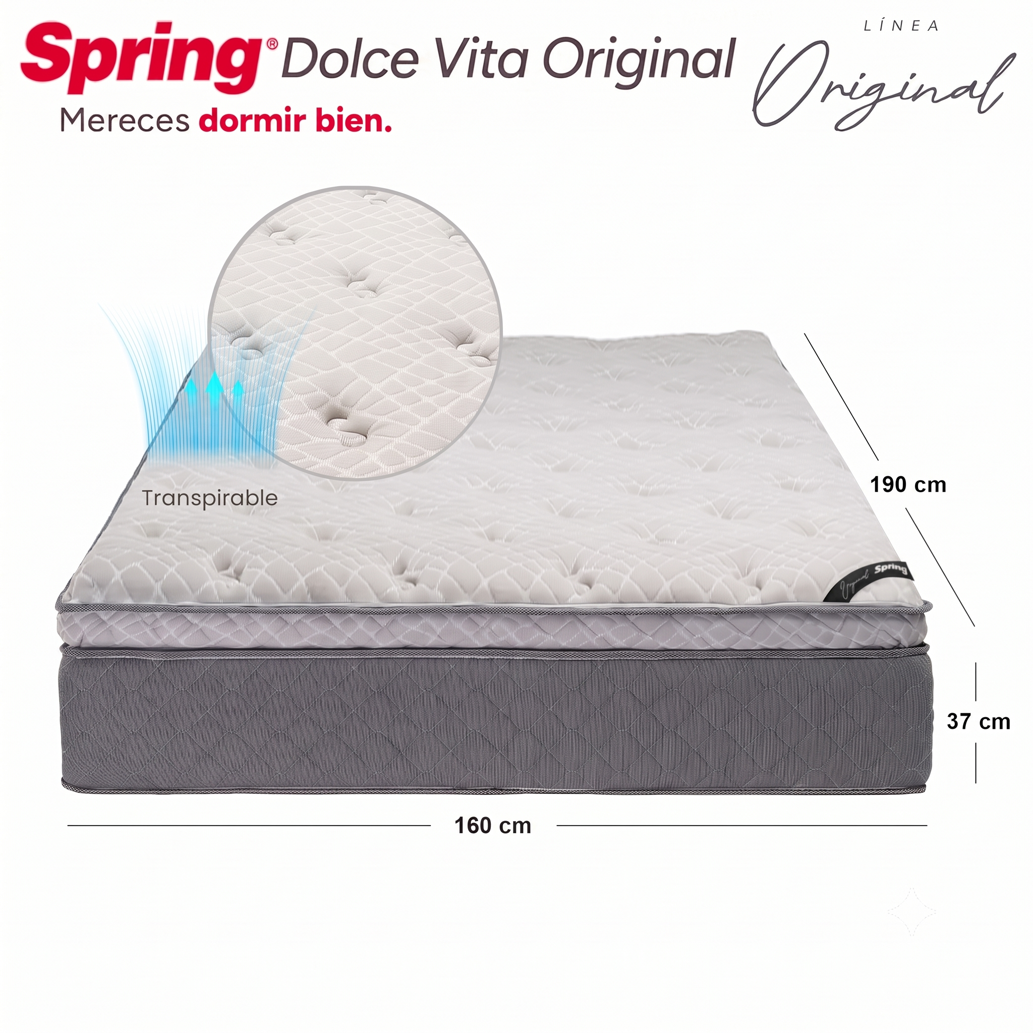 Colchón Spring  Dolce Vita Queen 160X190 Cm + Set Almohadas Siliconadas + Protector
