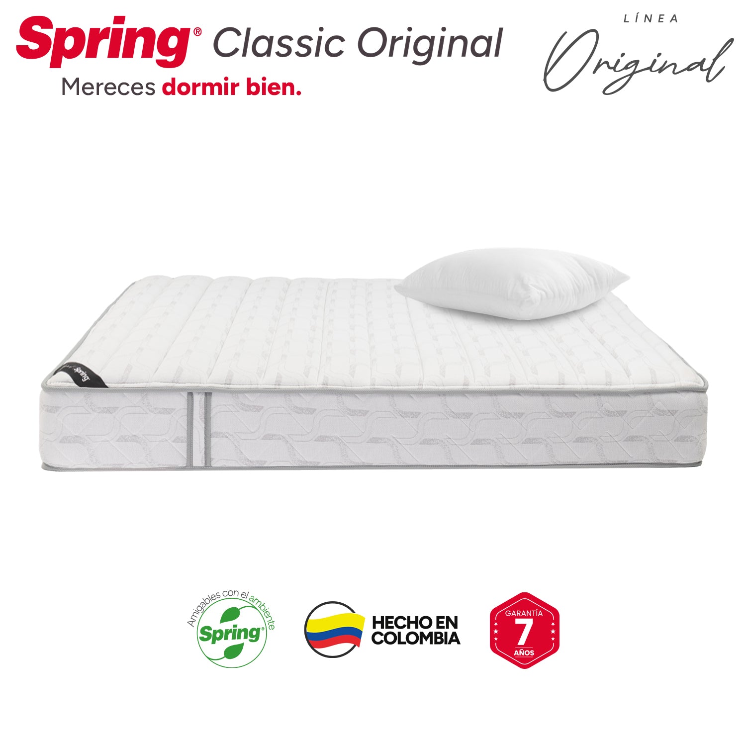 Combo Colchón Spring Classic Original Semidoble 120X190 Cm + Set Almohada Siliconada