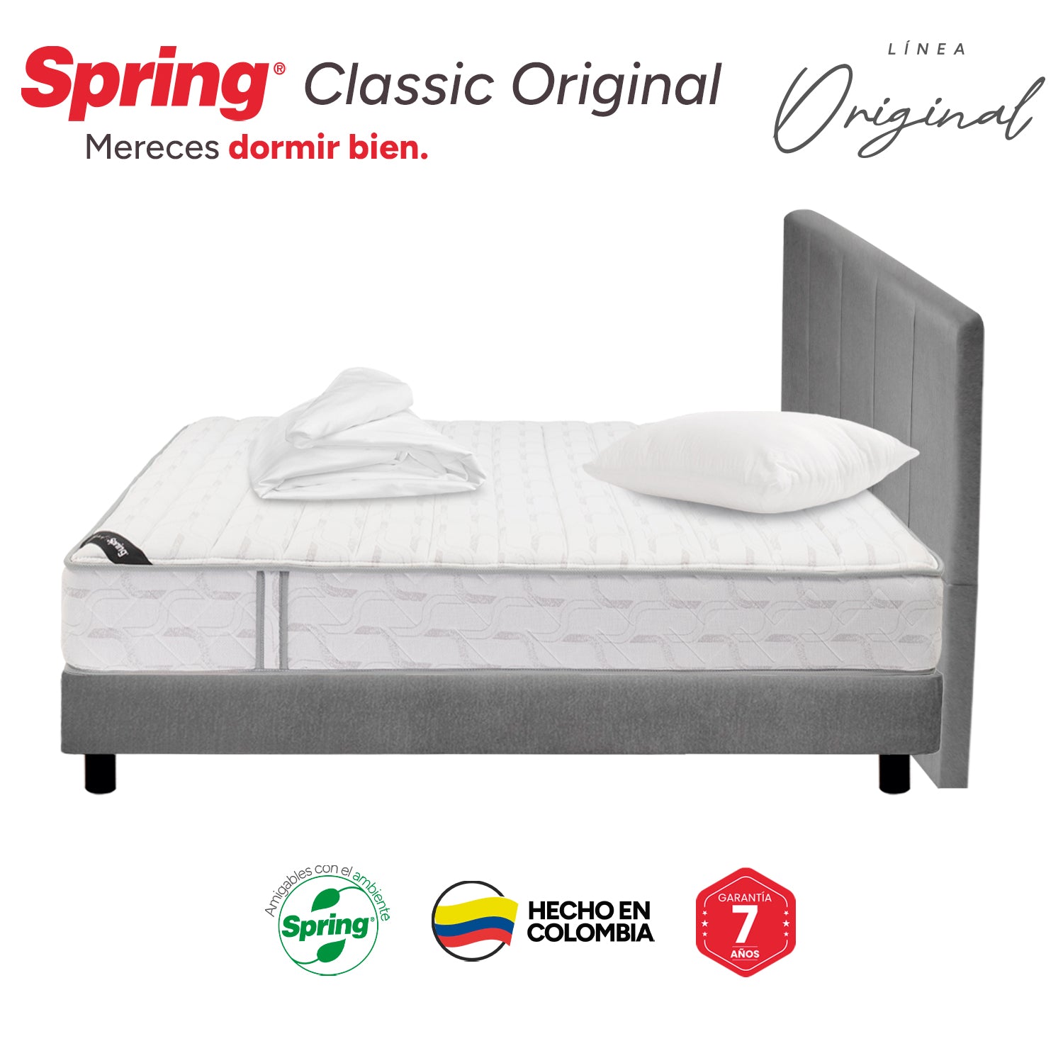 Combo Colchón Spring Classic Original Doble 140X190 Cm + Base Cama Gris + Cabecero Gris + Almohadas Siliconadas + Protector Impermeable