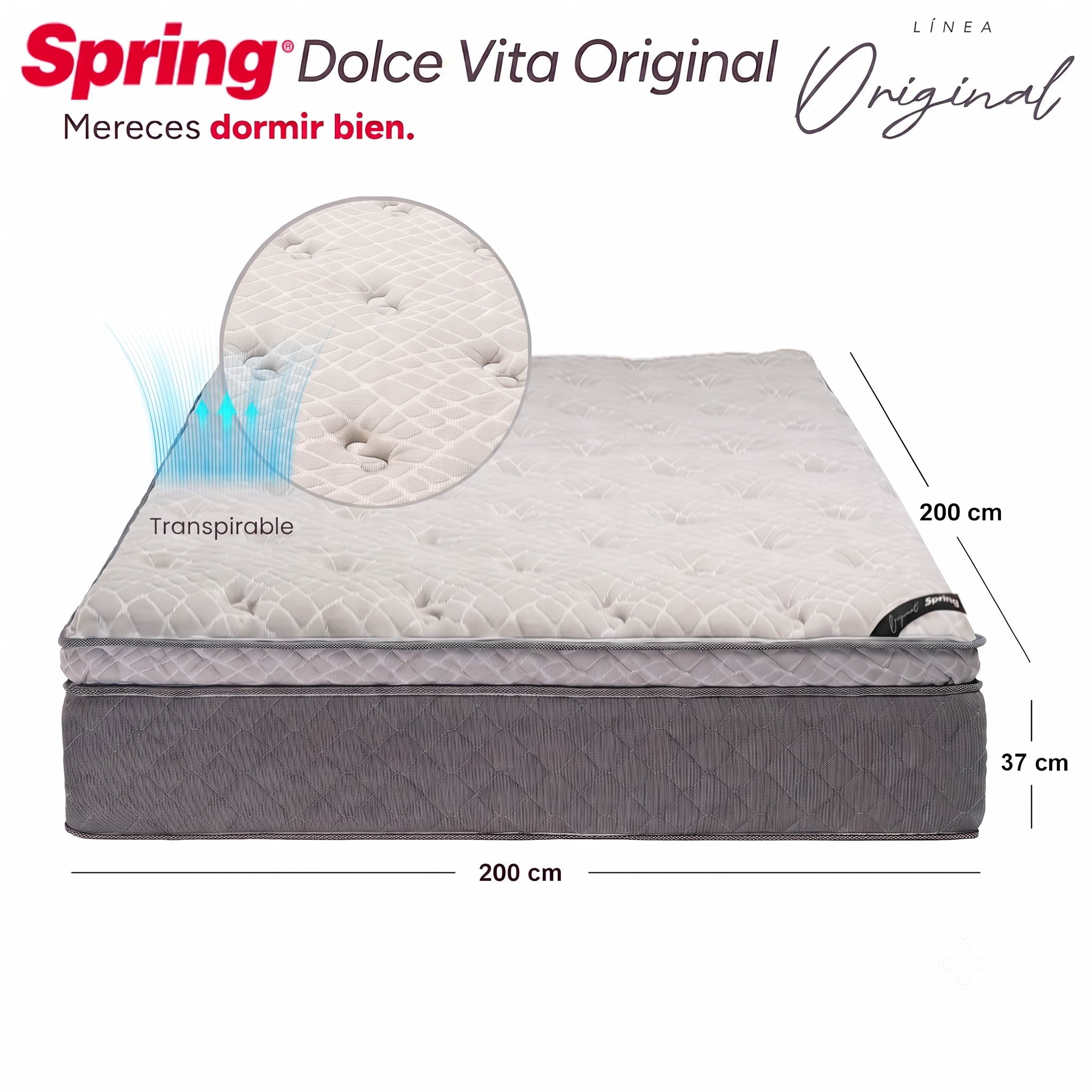 Colchón Spring Dolce Vita King 200X200 Cm  + Set Almohadas Siliconadas + Protector