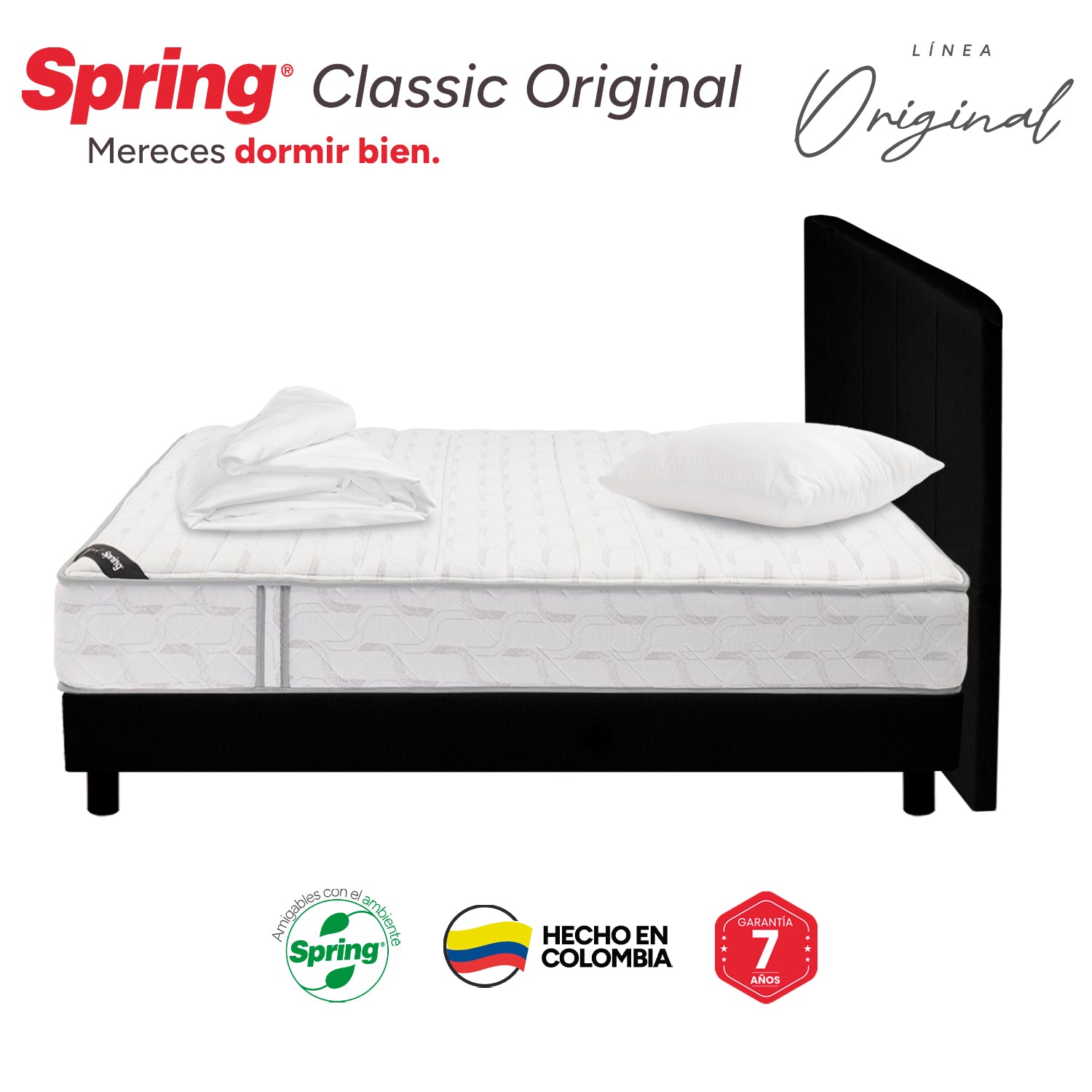 Combo Colchón Spring Classic Original Doble 140X190 Cm + Base Cama Negra + Cabecero Negro + Almohadas Siliconadas + Protector Impermeable