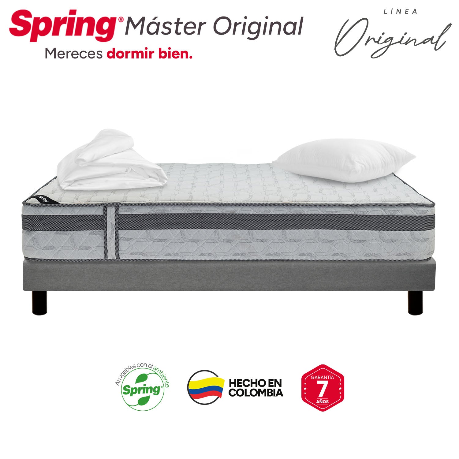 Combo Colchon Spring Master Original-120X190+Sommier  Italy Gris +Set X 2 Almohadas Siliconadas + Protector