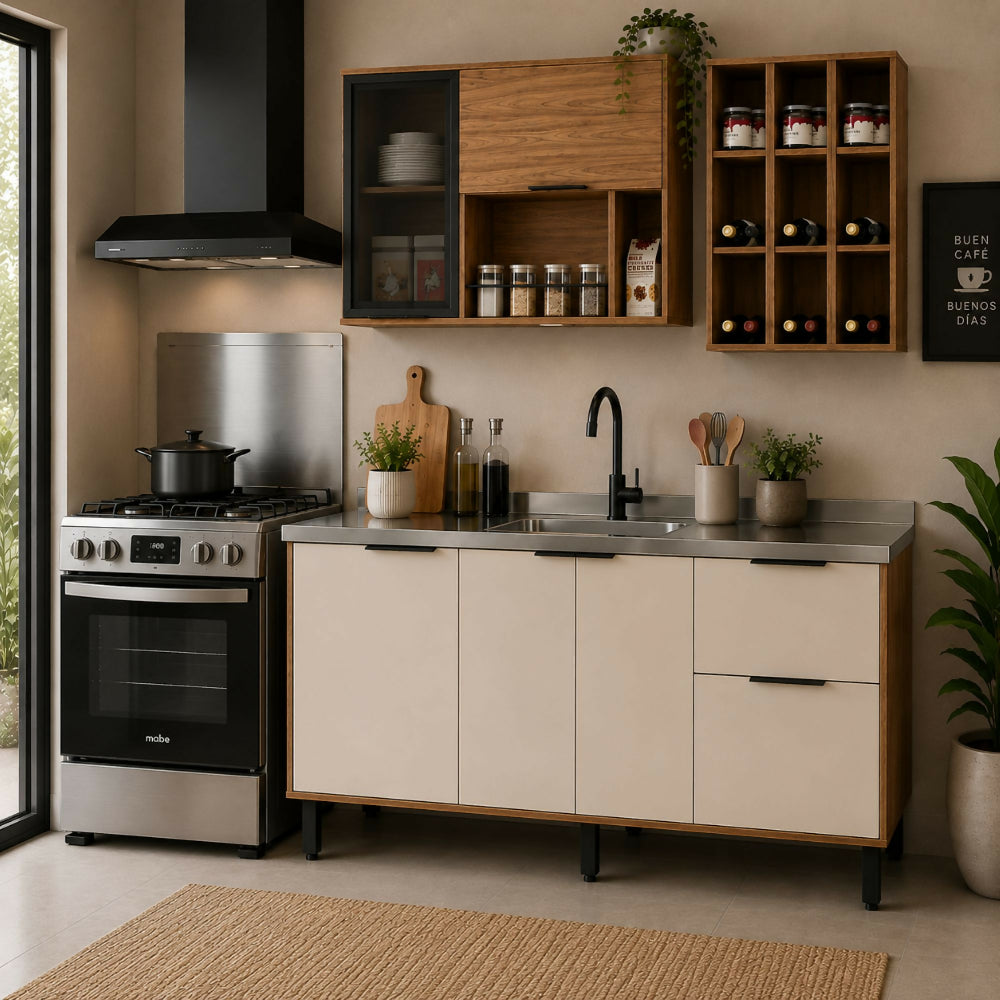Cocina 180 cm Ibiza 3 Puertas 2 Cajones - Natural/Blanco Apagado