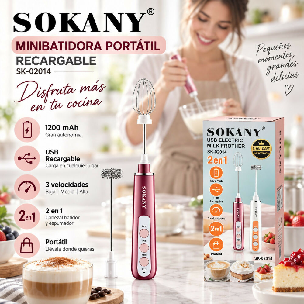 Minibatidora Portátil Recargable Sokany SK-02014 Con Accesorios Rojo