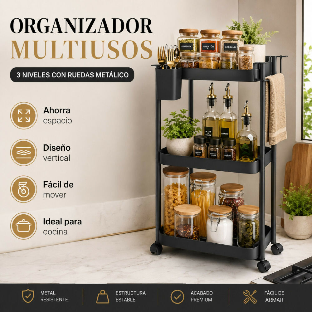 Organizador Multiusos 3 Niveles Con Ruedas Metálico Carrito Auxiliar