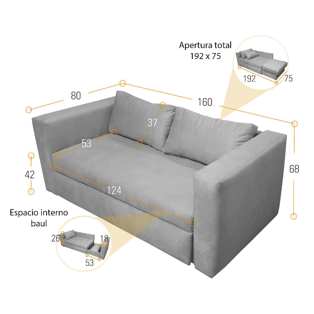 Sofa Cama Baxter 160x80x68 Con Baul Tela Plata