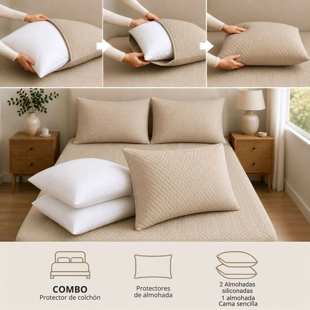 Combo protector colchon + 2 almohadas siliconadas king beige