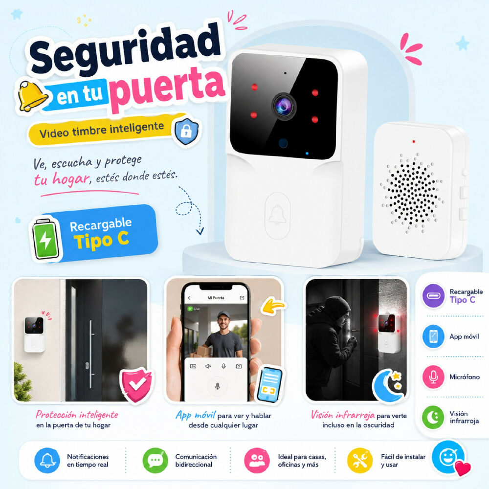 Camara Timbre De Seguridad Wi-Fi Con Alertas En Tiempo Real Para Hogar