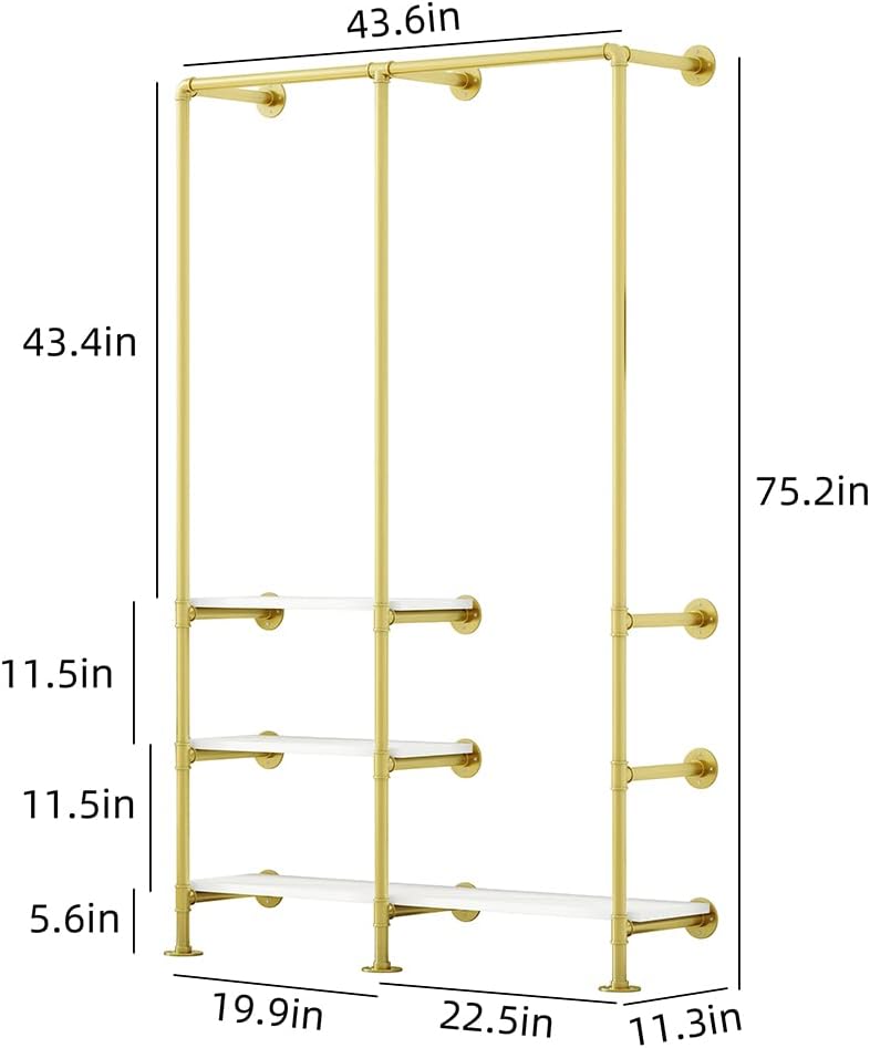 Perchero dorado con estantes de 3 niveles, perchero industrial multiusos de