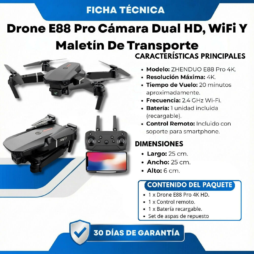 Drone E88 Pro Cámara Dual HD, WiFi Y Maletín De Transporte
