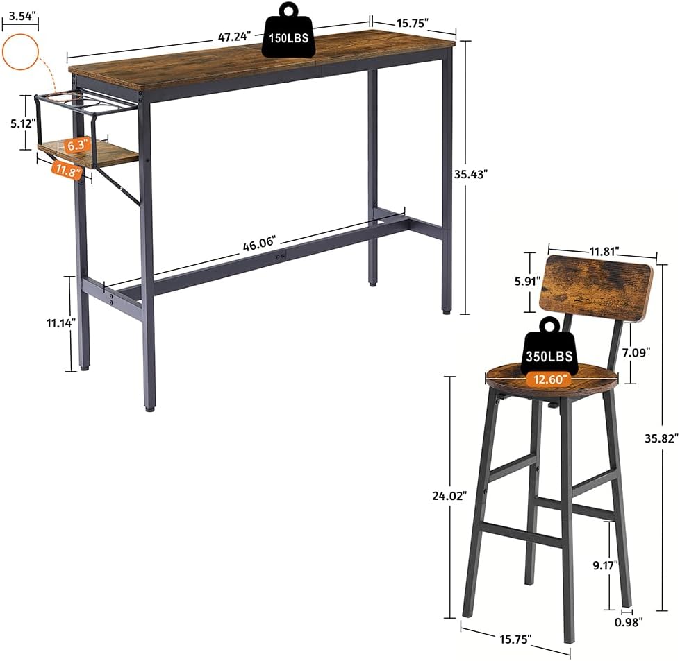 Juego de mesa de bar para 2 personas con estante de almacenamiento para