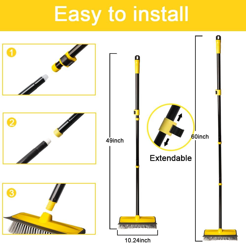 Cepillo de limpieza de suelo con mango de 60 pulgadas de largo, escoba 2 en 1