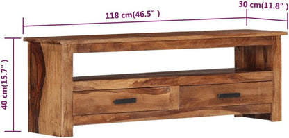 Mueble de TV de madera maciza Sheesham rústico, resistente, 2 cajones,