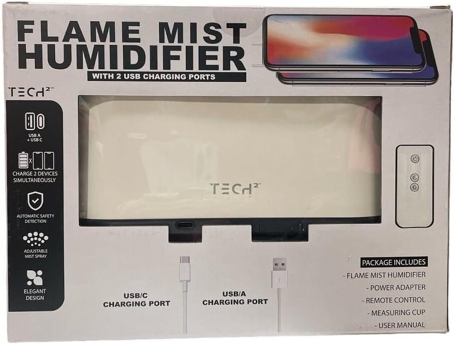 Humidificador de niebla de llama con 2 puertos de carga USB en blanco