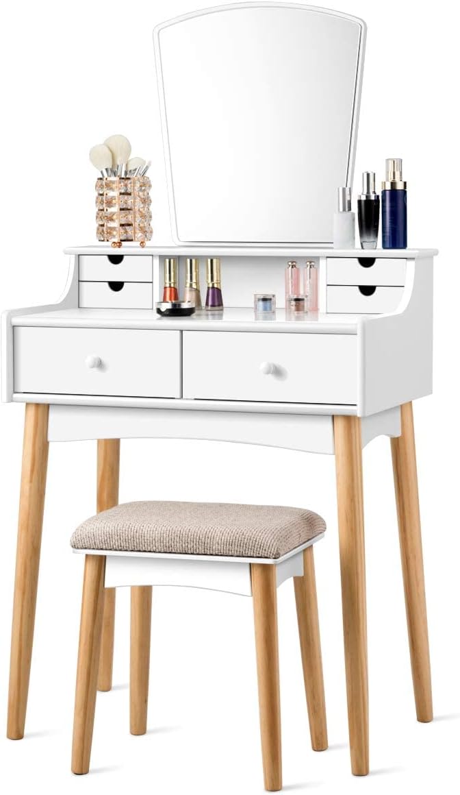 CHARMAID Juego de tocador de maquillaje con 6 cajones, tocador con taburete...