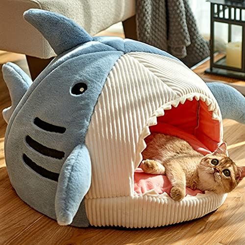 Cama tipo cueva con forma de tiburón para gatos con cojín grueso, casa suave y...