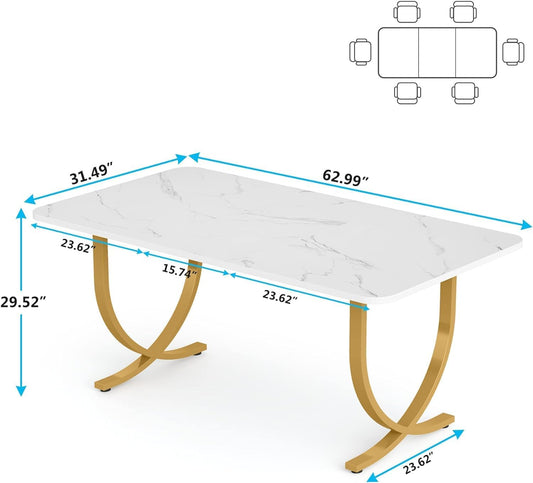 Mesa de comedor rectangular para mesa de cocina moderna blanca y dorada de 4 a