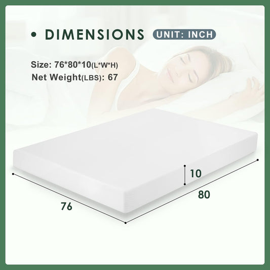 Colchón de espuma viscoelástica con gel, 10 pulgadas, tamaño king, con